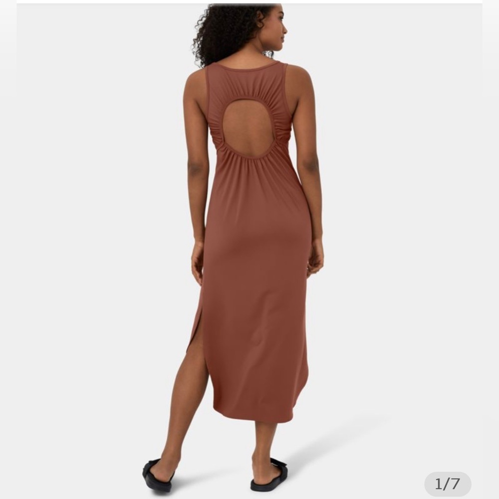 U Neck Sleeveless Backless Cut Out Ruched Split Hem High Low Midi Casual Dress